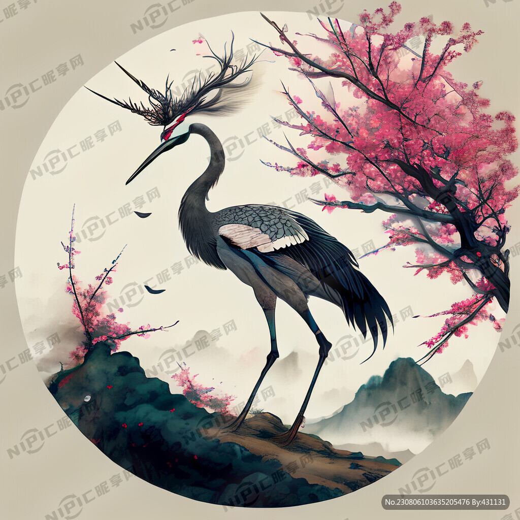 把仙鹤 古树 梅花鹿 人参
