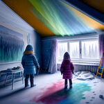 北欧芬兰人，儿童和女士一起涂刷室内房间，把房间刷成五颜六色的，户外为冰天雪地的北极光，人物要真实清晰。