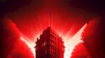 红色，庄严，渐变，林立的高楼在红色的光线中，奋勇争先，红绸舞动的背景，光影追踪