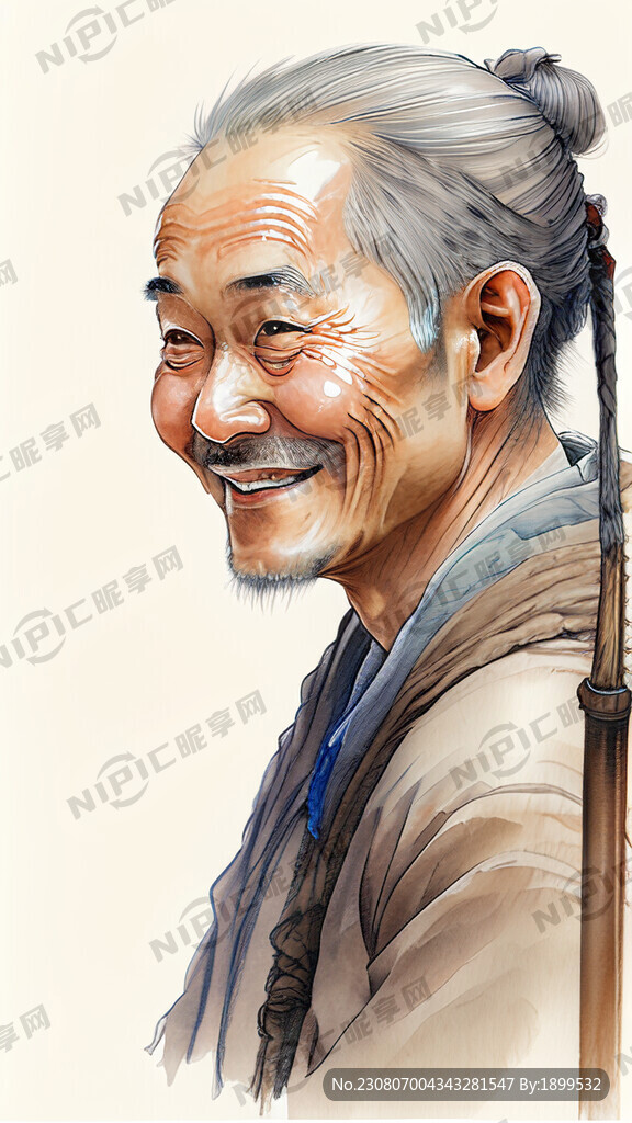 背着背篓拄着拐杖抬头微笑的老者