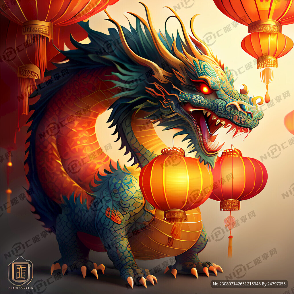 龙 卡通 中国龙 喜庆 有灯笼
