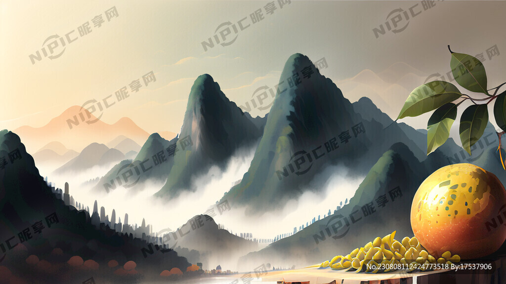 百香果背景山水画