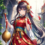 古风女孩，穿着汉服，长发右手举着宝剑，左手拿着一个金色葫芦，脚下踩着一只凤凰，正面