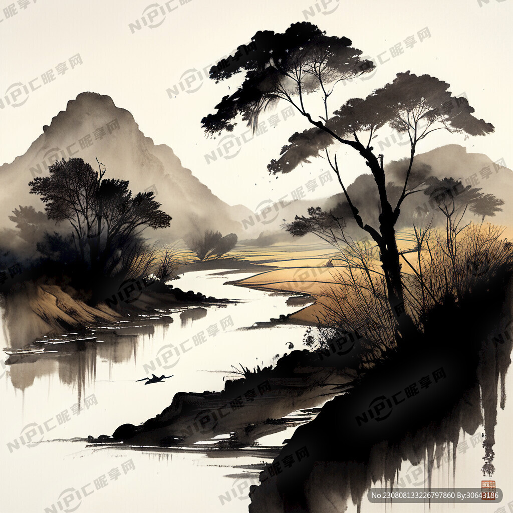 水墨田地河流
