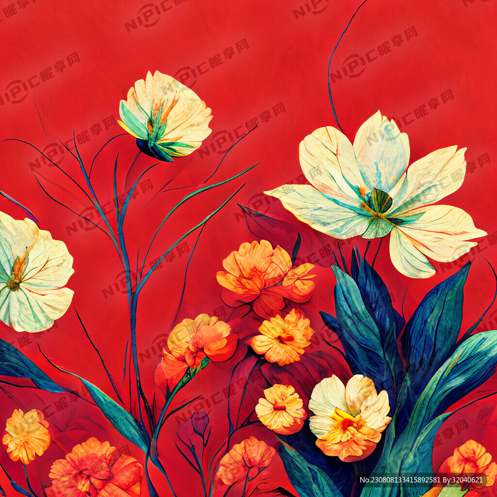 红色底色的春季花卉无缝背景