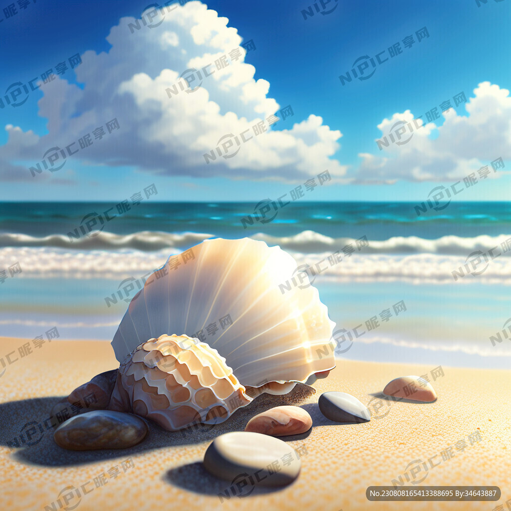 海滩 贝壳 礁石 蓝天 白云