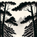 版画风格，黑白色，茶树林，仰视角度，茂密，森林