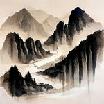 山谷，中国风，中国画，山水，水墨风格，写意，意境，高雅，高清，仙风道骨，隐士高人，老头