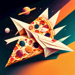 抽象插画，一角披萨折成纸飞机，美味