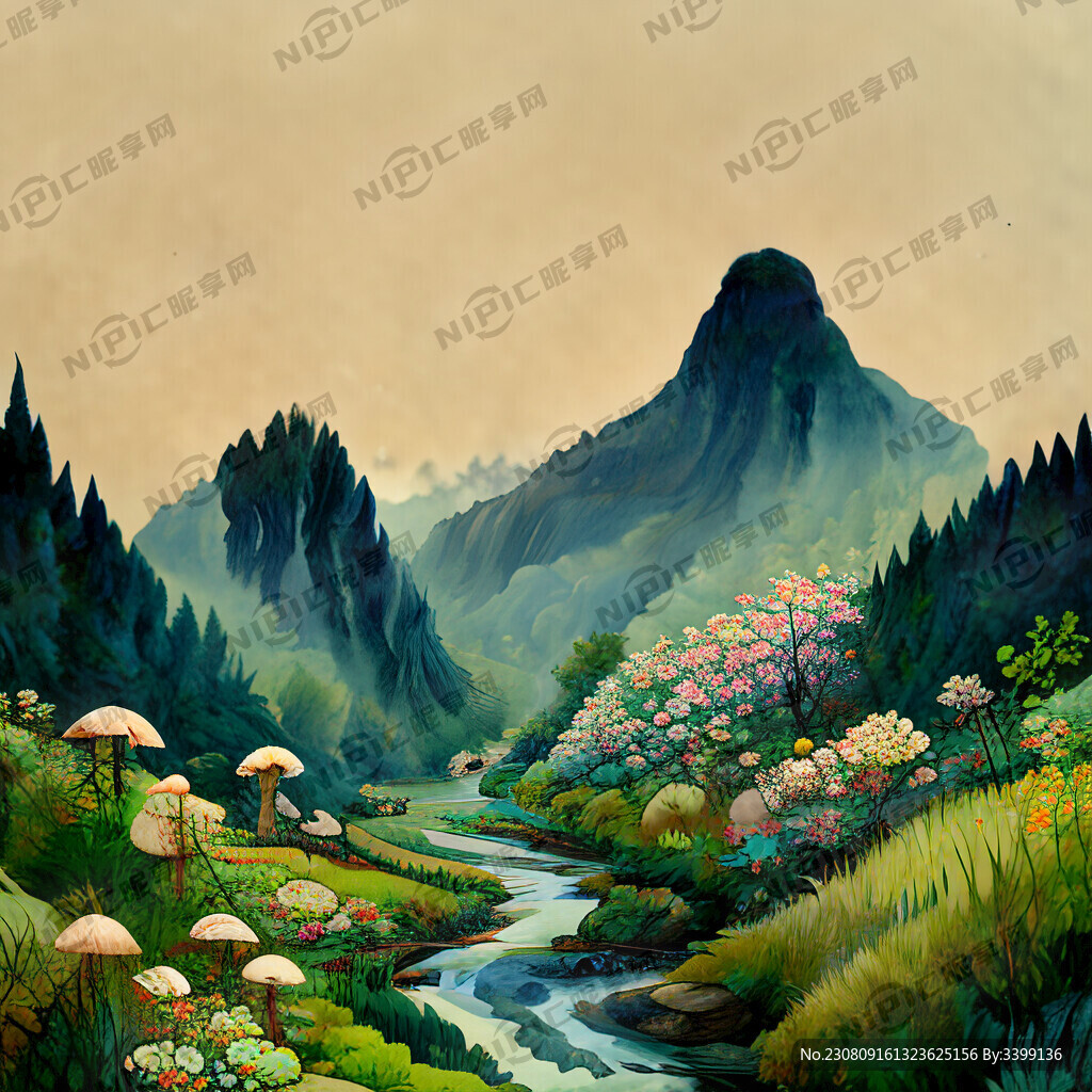 森林小路溪水山脉花草蘑菇美女背