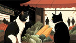 黑白两只猫，逛菜市场