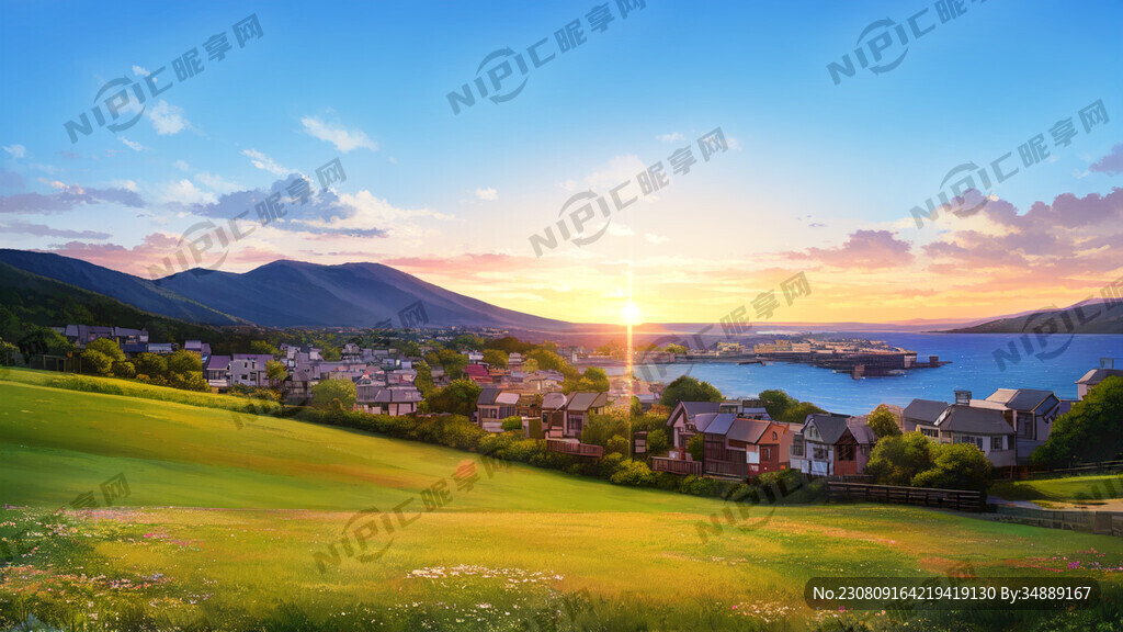夕阳和一望无际的海边高坡上彩色