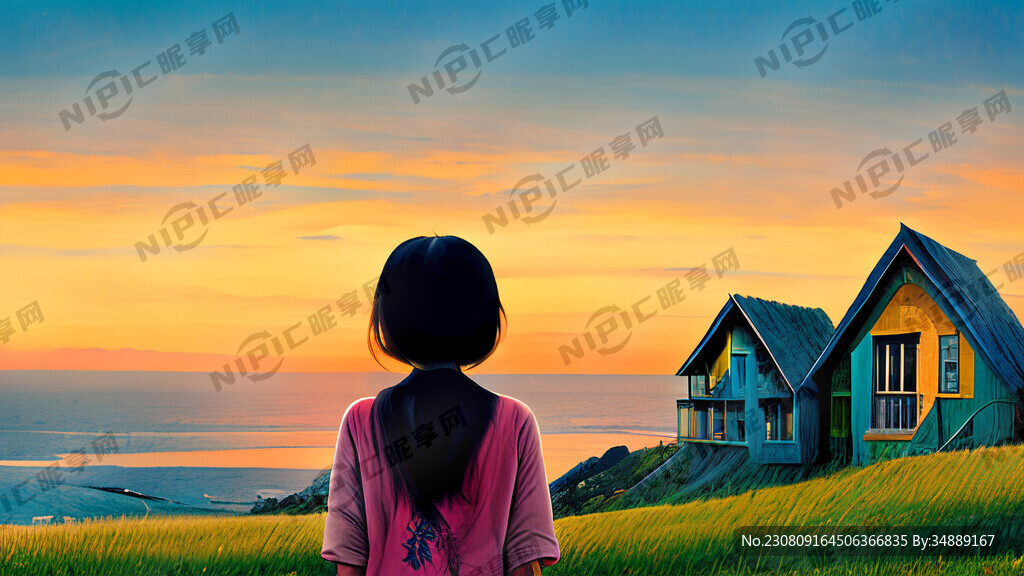 一个女孩正面对着夕阳和一望无际