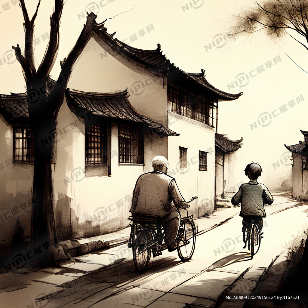故乡 树林 老人推自行车 小孩