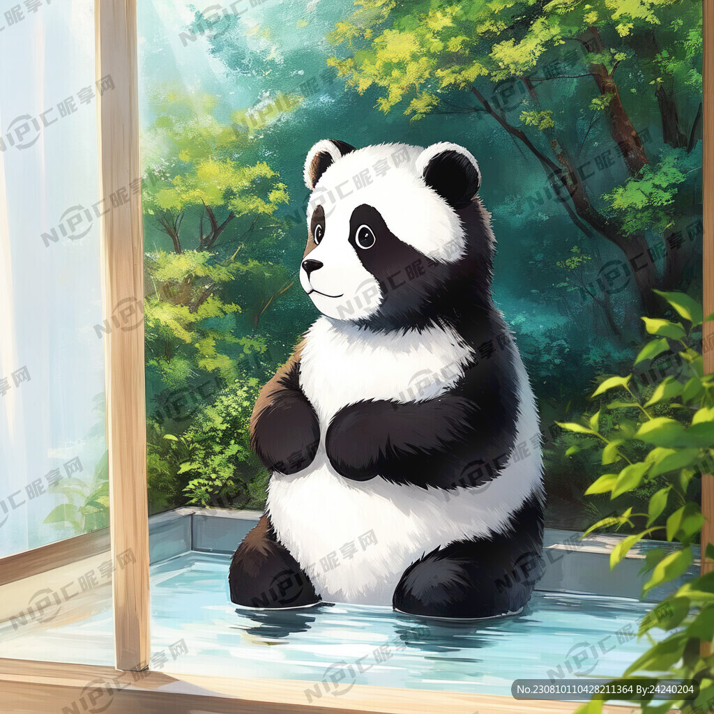 一只卡通熊猫在淋浴