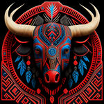 由佤族图腾纹饰，黑红蓝三色构成，在加上一个向左看的手绘牛头图案，颇具民族风格的药品包装盒