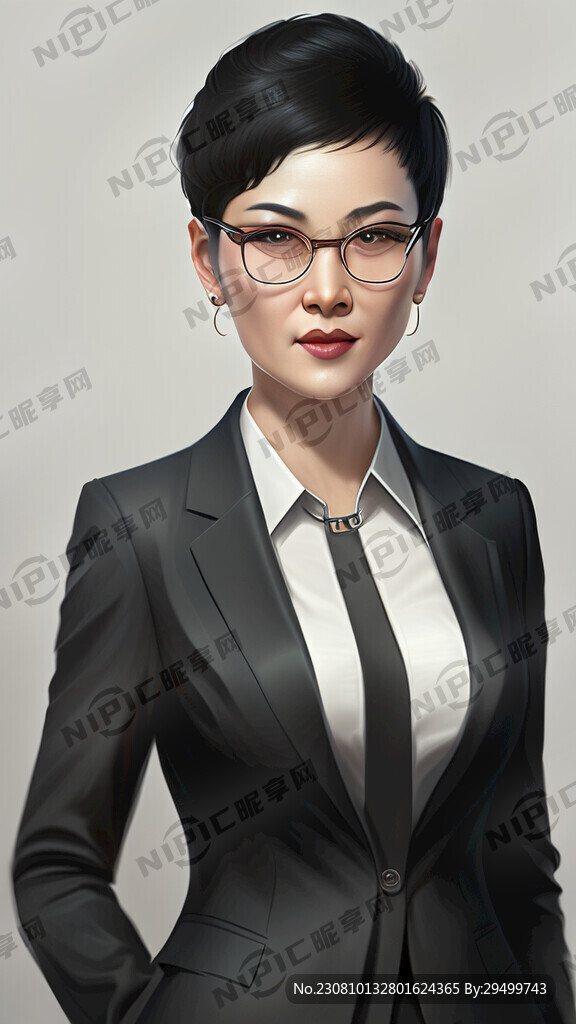 职业套装黑色短发戴眼镜的中年女