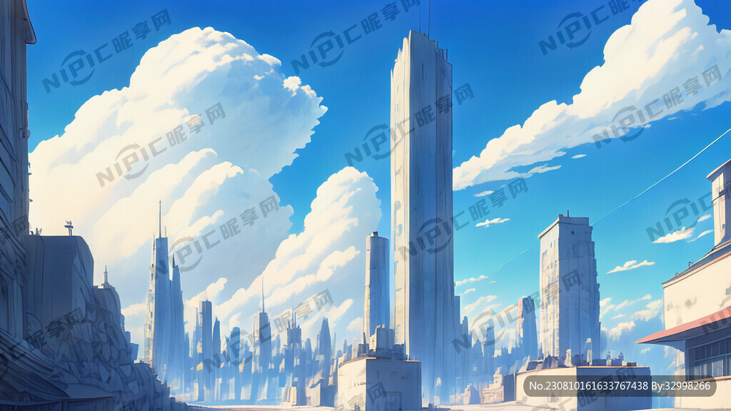动漫场景 蓝天白云 城市画风 