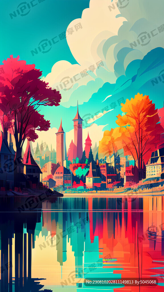 彩色的湖泊中有一座城市