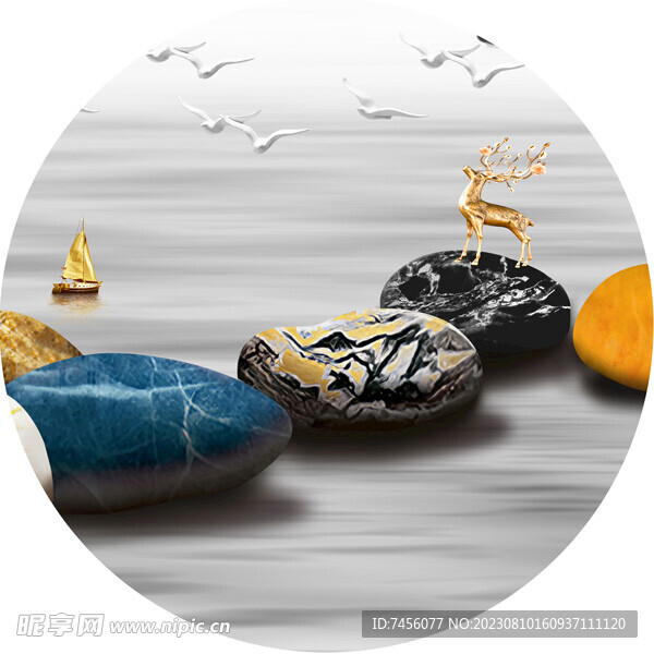 麋鹿湖畔鹅卵石圆形挂画装饰画
