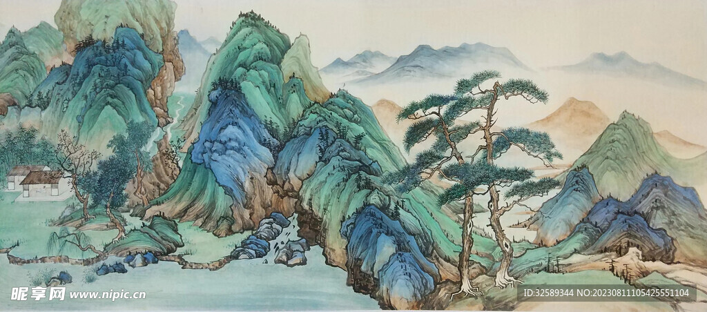 千里江山手绘图 新中式背景墙 