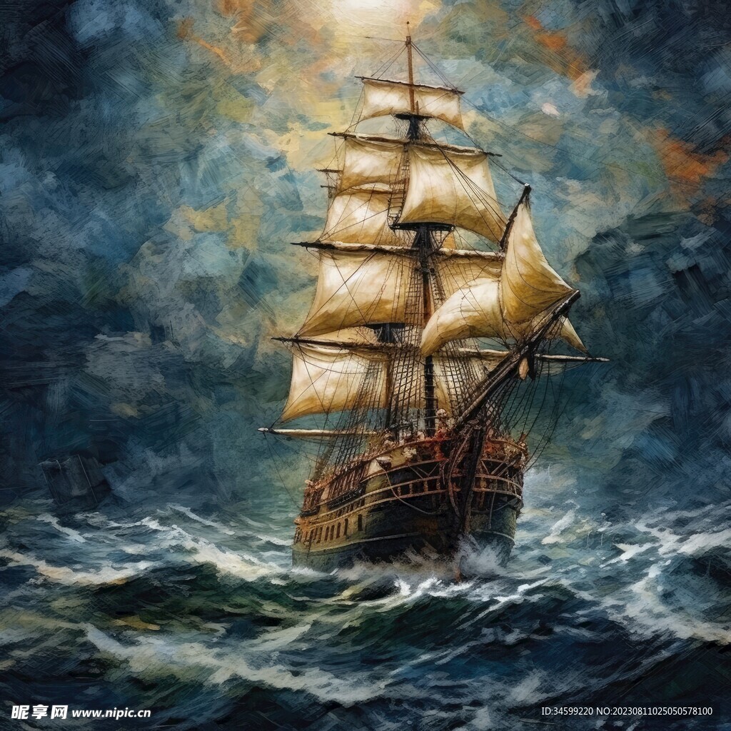 帆船油画 