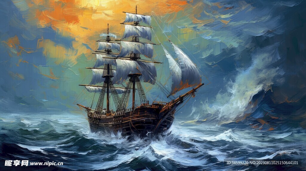帆船油画 