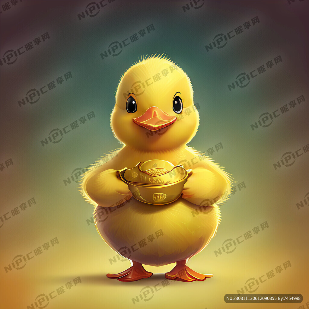 卡通小黄鸭抱着金元宝