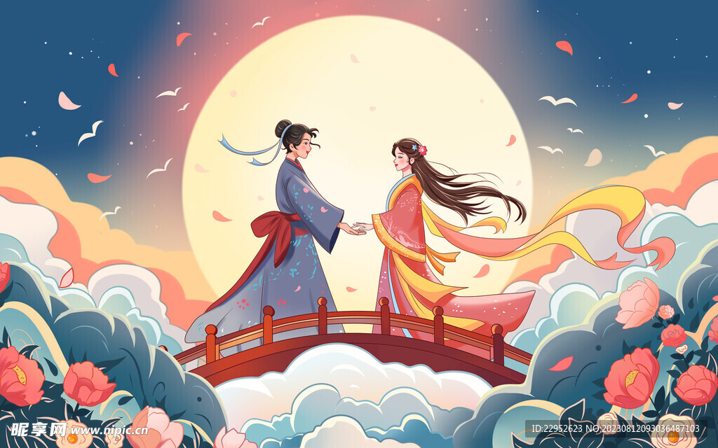 彩色卡通手绘中国传统七夕节 
