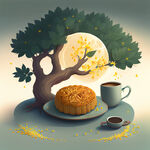 温馨，桂花树，月饼，咖啡，彼此分开，概念插画