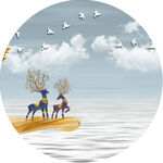 湖畔麋鹿飞鸟圆形挂画装饰画