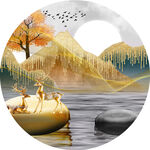 湖畔麋鹿中式圆形挂画装饰画