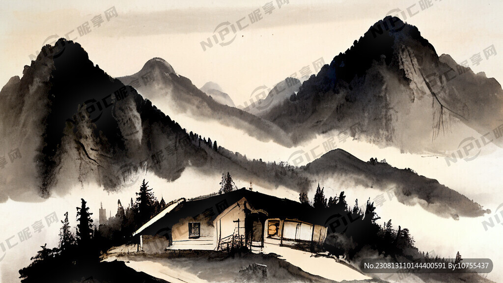 群山图 依稀有木屋 水墨画