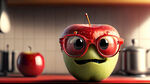 戴眼镜的苹果，露齿微小，红色，厨房背景，光效，高清