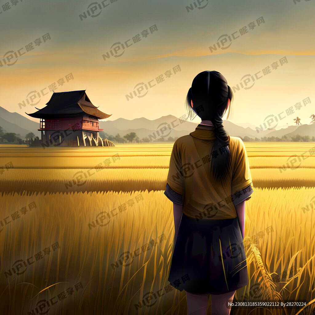 金色稻田 女孩背影 插画