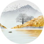 新中式湖畔山脉圆形挂画装饰画