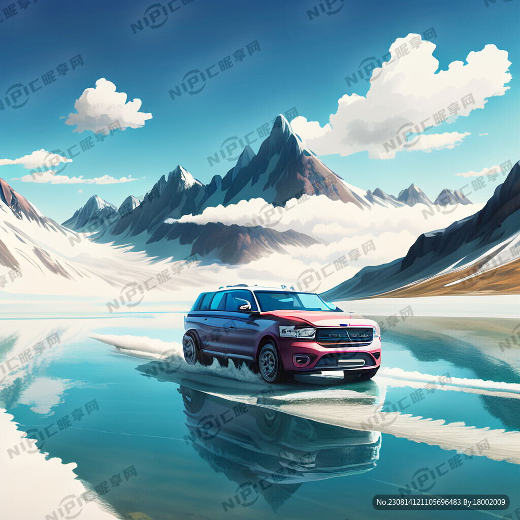 蓝天白云山水公路湖水汽车