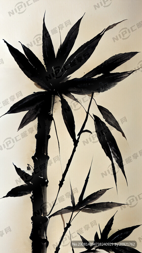 单根竹子 水墨风格 叶子较多