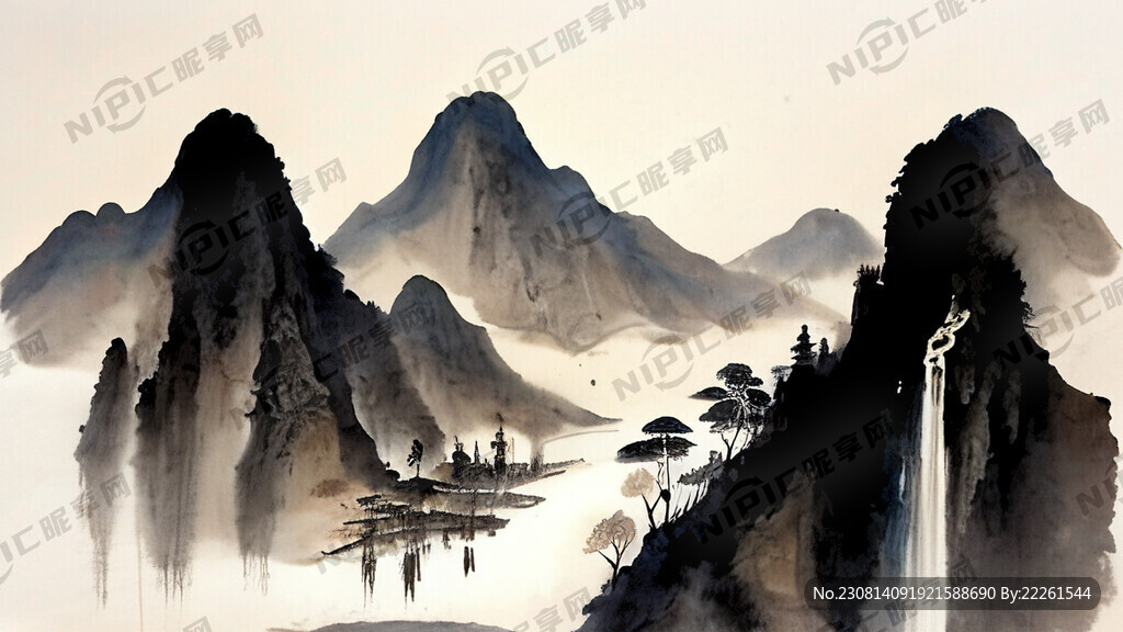 山水水墨画背景 身边有一些草药
