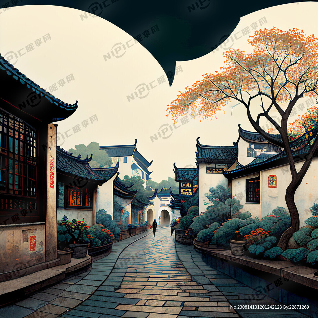 徽派老街苏州园林石板路细雨