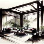 中式客厅中式家具阁楼窗外花园假山水景