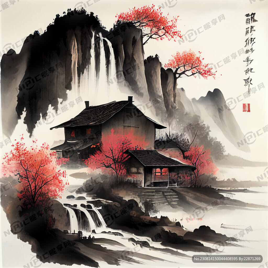 清新淡雅写意山水画重水复绿柳桃