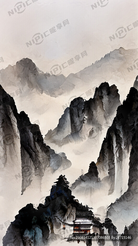 山谷 中国风 古寺 山水 写意