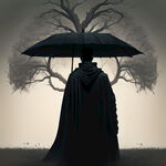枯树下，一个身穿黑色斗篷的男人，手持一把伞的背影