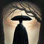 发芽的枯树下，一个身穿黑色斗篷的男人，手持一把伞的背影