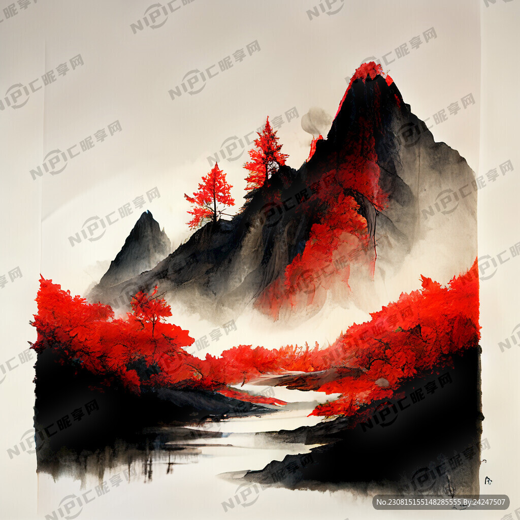 水墨山水 红色 抽象 枫林尽染