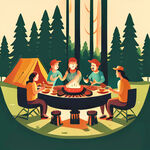 帐篷，五个人围着桌子吃烧烤，森林背景，桌子，烧烤炉子，扁平化插画，吃烧烤，两个小孩戴帽子放风筝