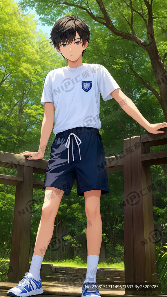 坐在小树林的穿着白色运动服和运