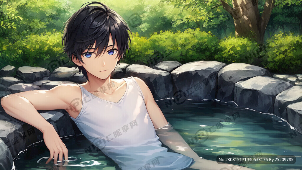 正在泡温泉的躺着的十四岁短发男