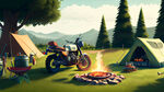 一个越野摩托车场景有露营有烧烤有草坪